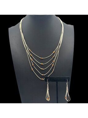 Multi-Strand Liquid Silver Necklace and Earrings Set 4mm Tiger's Eye - 20"